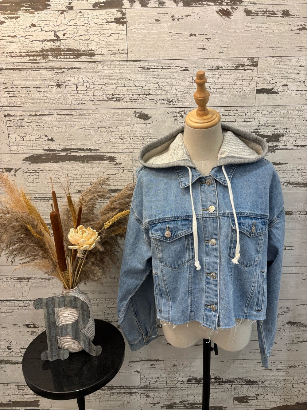 Burgh Babes Boutique Light Blue Hooded Denim Jacket with Drawstring Hood